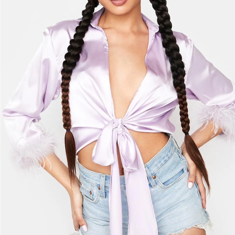 Satin Tie-Front Blouse with feather sleeve cuffs